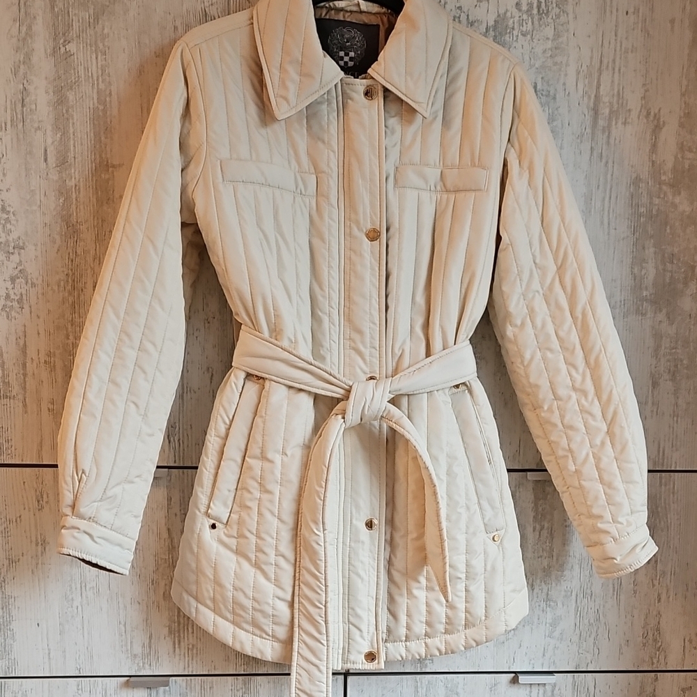 Cream Belted Puffer Jacket with Quilted Design